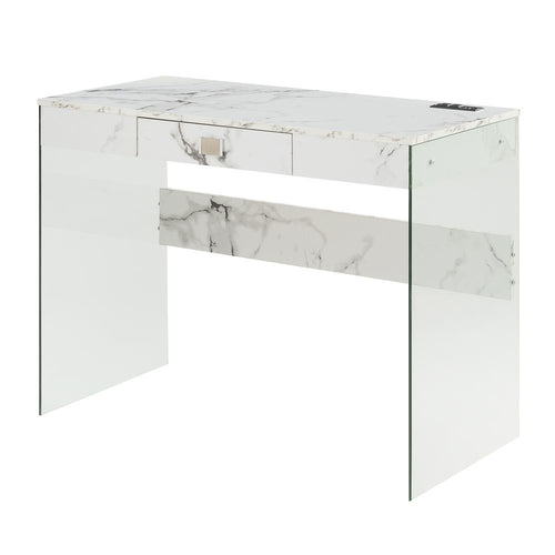 Soho 42 Inch Glass Desk With Charging Station, Faux White Marble - Convenience Concepts