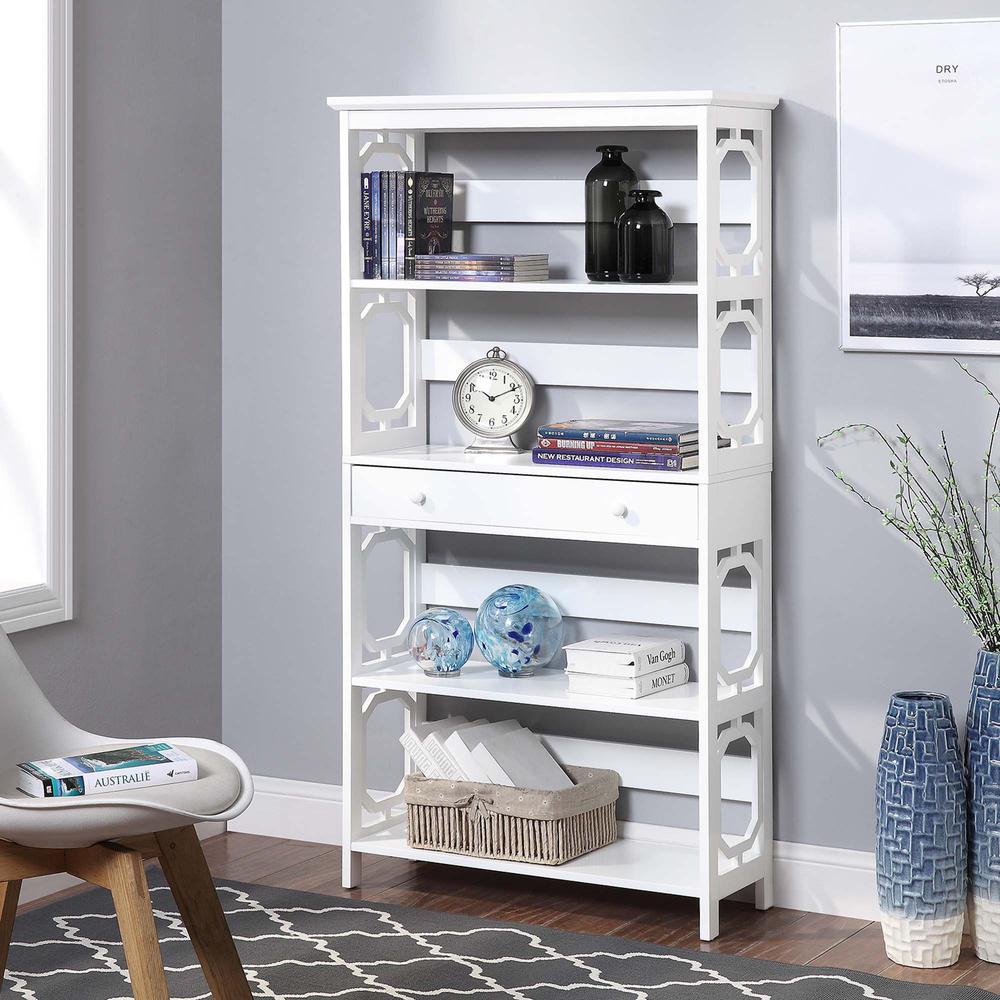 Omega 5 Tier Bookcase with Drawer, White - Convenience Concepts