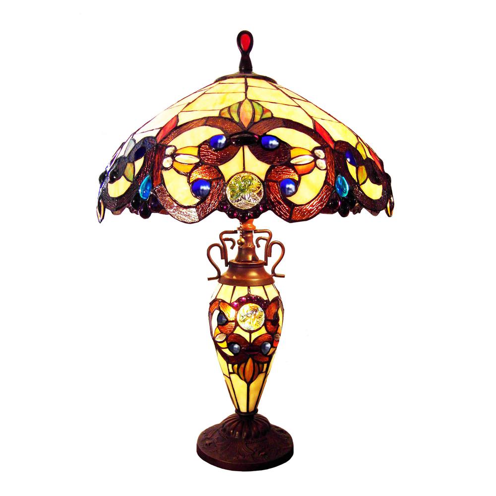 CHLOE Lighting DEMETRA AURORA Victorian Tiffany-style 3 Light Victorian Double Lit Table Lamp 18'' Wide