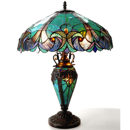 LIAISON Tiffany-style 3 Light Victorian Double Lit Table Lamp 18'' Shade - CHLOE Lighting