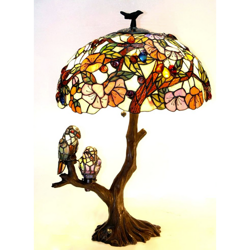 4 Light Tiffany-style featuring Flowers & Birds Double Lit Table Lamp Oval Shape 19'' Shade - CHLOE Lighting