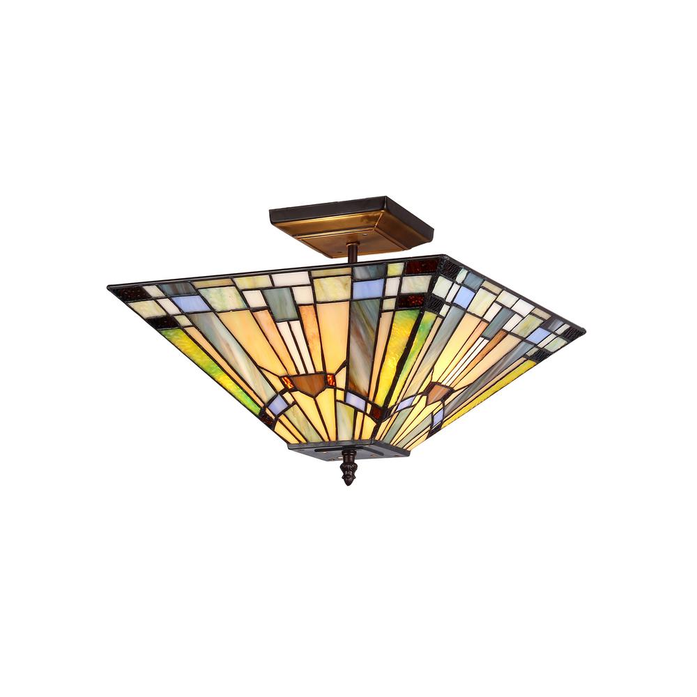 KINSEY Tiffany-style 2 Light Mission Semi-flush Ceiling Fixture 14'' Shade - CHLOE Lighting