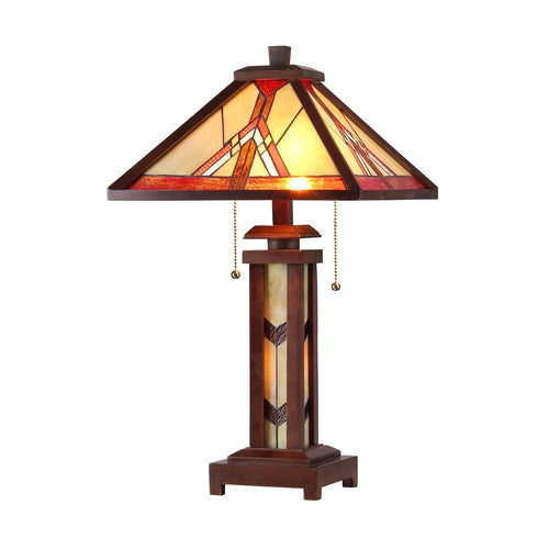 ANTON Tiffany-style 3 Light Mission Double Lit Wooden Table Lamp 15'' Shade - CHLOE Lighting