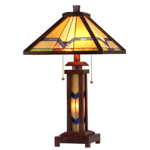 ALEXANDER Tiffany-style 3 Light Mission Double Lit Wooden Table Lamp 15'' Shade - CHLOE Lighting