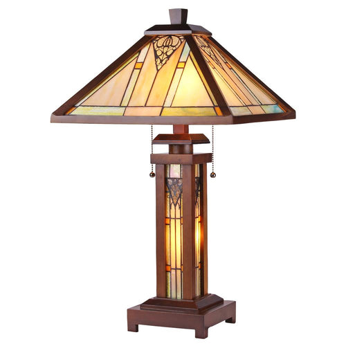 ZELLA Tiffany-style Mission 3 Light Double Lit Wooden Table Lamp 15'' Shade - CHLOE Lighting
