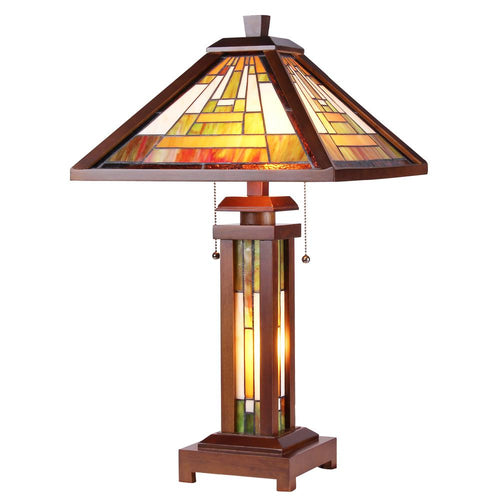 GAWAIN Tiffany-style Mission 3 Light Double Lit Wooden Table Lamp 15'' Shade - CHLOE Lighting
