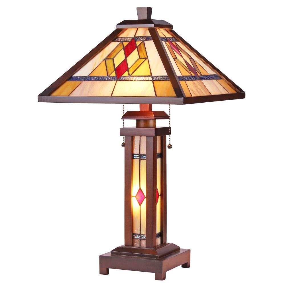 GARETH Tiffany-style Mission 3 Light Double Lit Wooden Table Lamp 15'' Shade - CHLOE Lighting