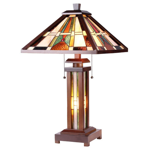 PERCIVAL Tiffany-style Mission 3 Light Double Lit Wooden Table Lamp 15'' Shade - CHLOE Lighting