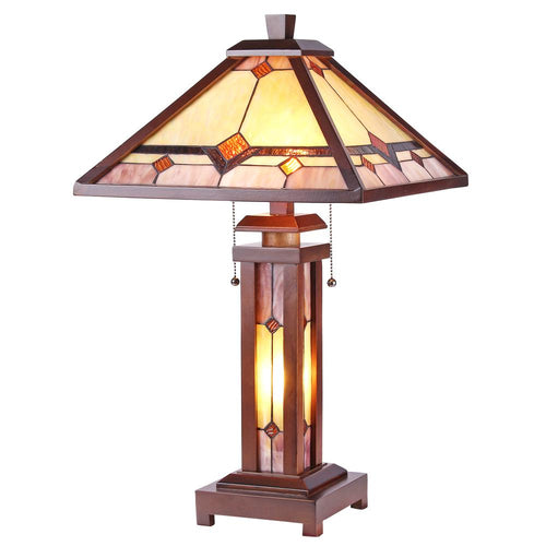 KAY Tiffany-style Mission 3 Light Double Lit Wooden Table Lamp 15'' Shade - CHLOE Lighting