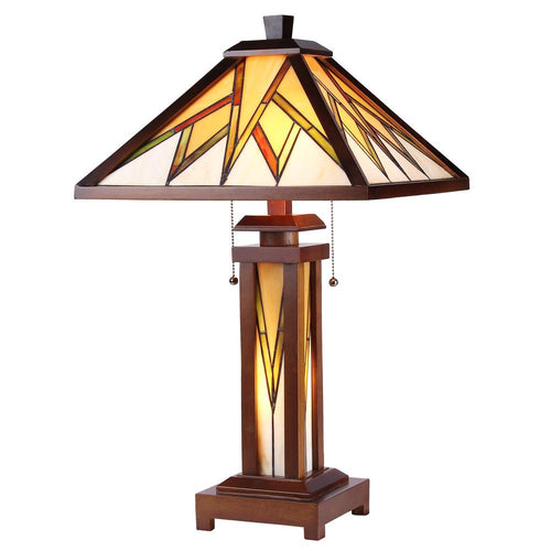 LAMORAK Tiffany-style Mission 3 Light Double Lit Wooden Table Lamp 15'' Shade - CHLOE Lighting