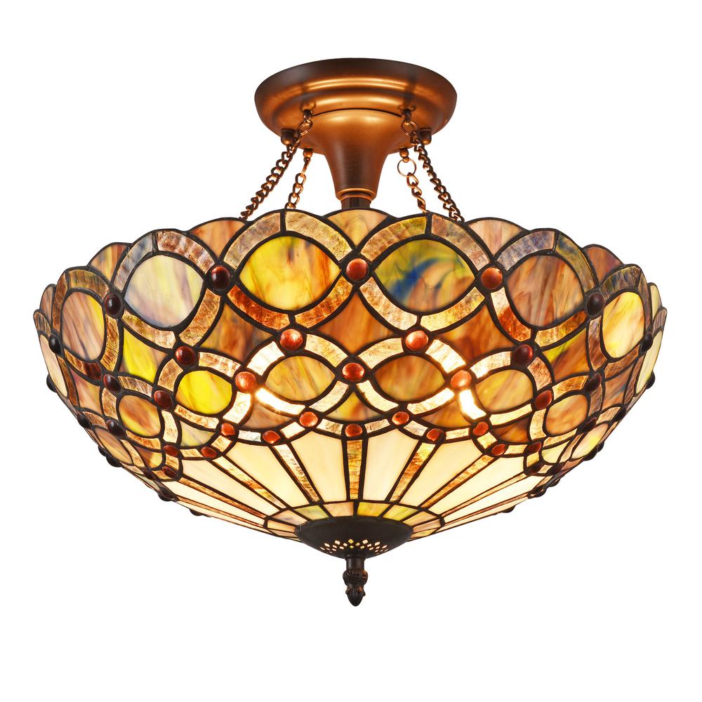PRISMA Tiffany-style 2 Light Semi-flush Ceiling Fixture 16'' Shade - CHLOE Lighting