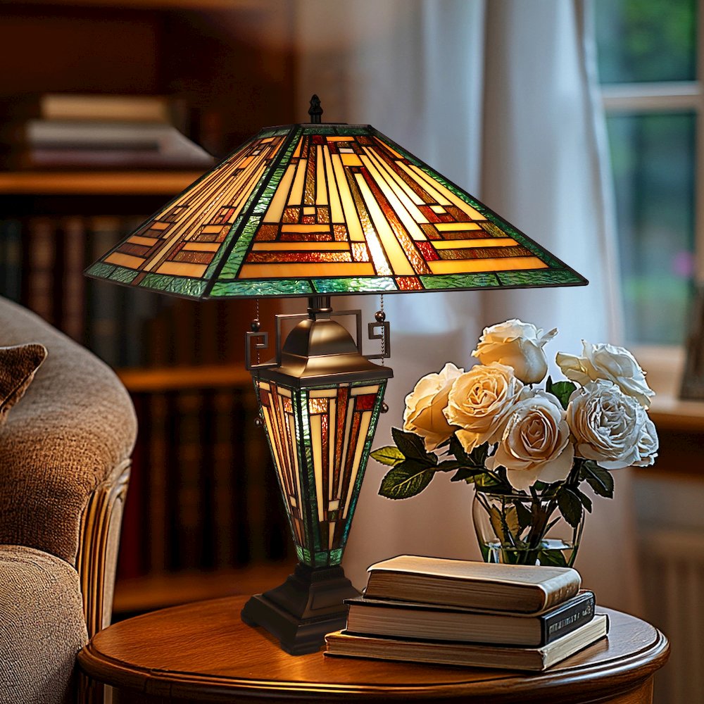 Firman Tiffany-Style 3-Light Mission Double Lit Table Lamp 16'' Shade - CHLOE Lighting