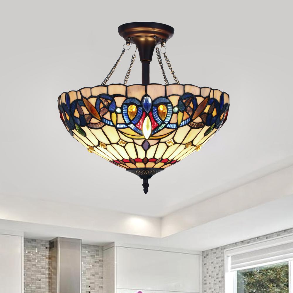 CHLOE Lighting SERENITY Tiffany-style Dark Bronze 2 Light Semi-Flush 16'' Wide
