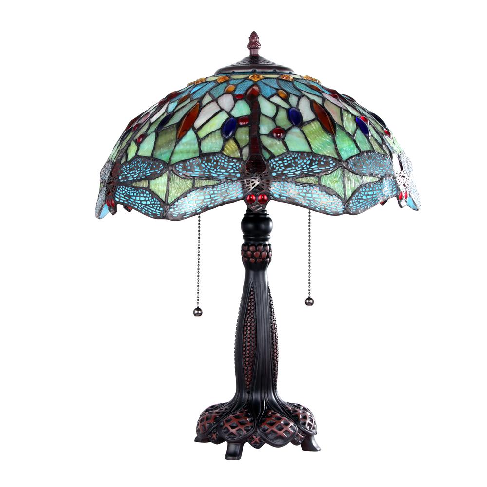 CHLOE Lighting EMPRESS Dragonfly Tiffany-style Dark Bronze 2 Light Table Lamp 16'' Wide