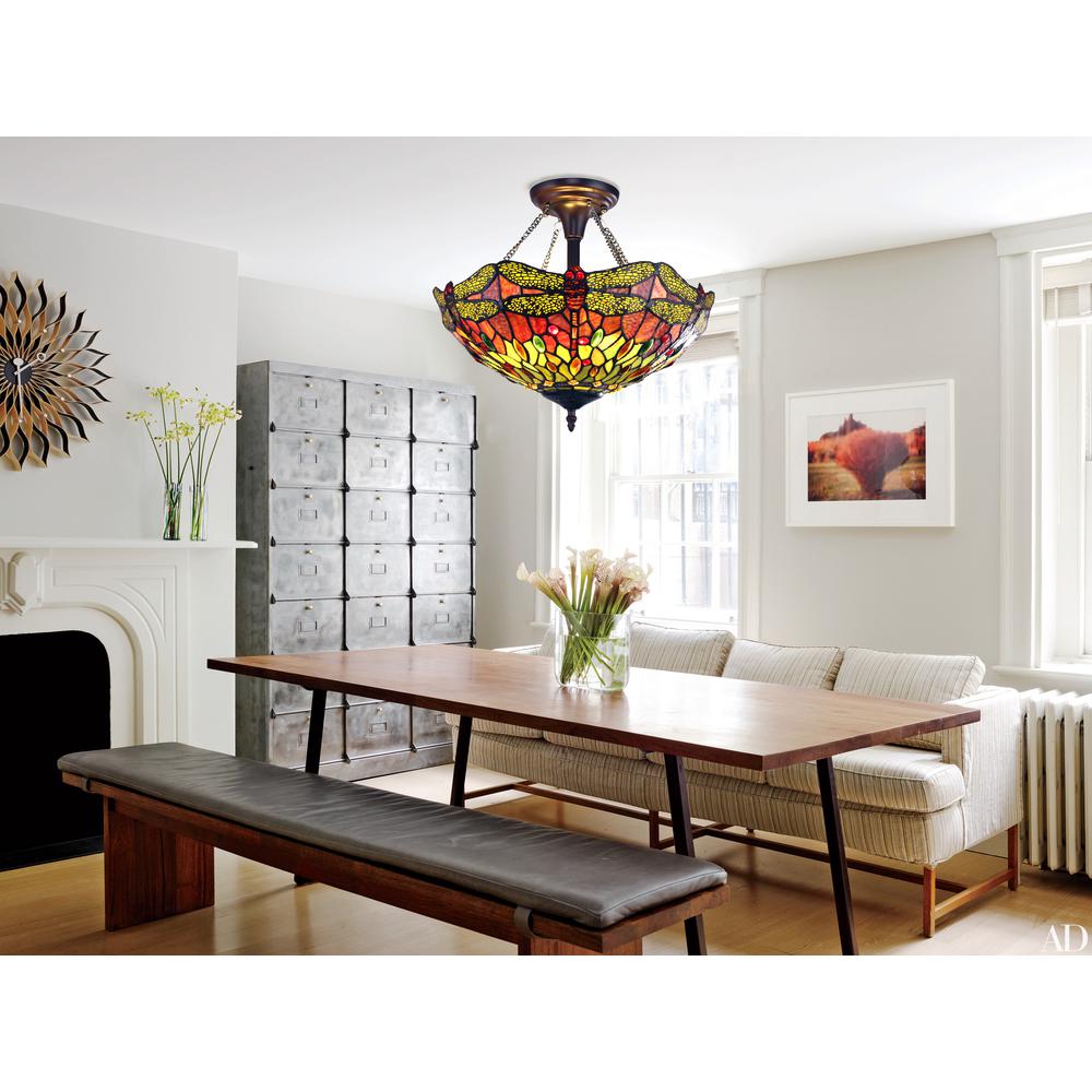 CHLOE Lighting EMPRESS Dragonfly Tiffany-style Dark Bronze 2 Light Semi-Flush 16'' Wide