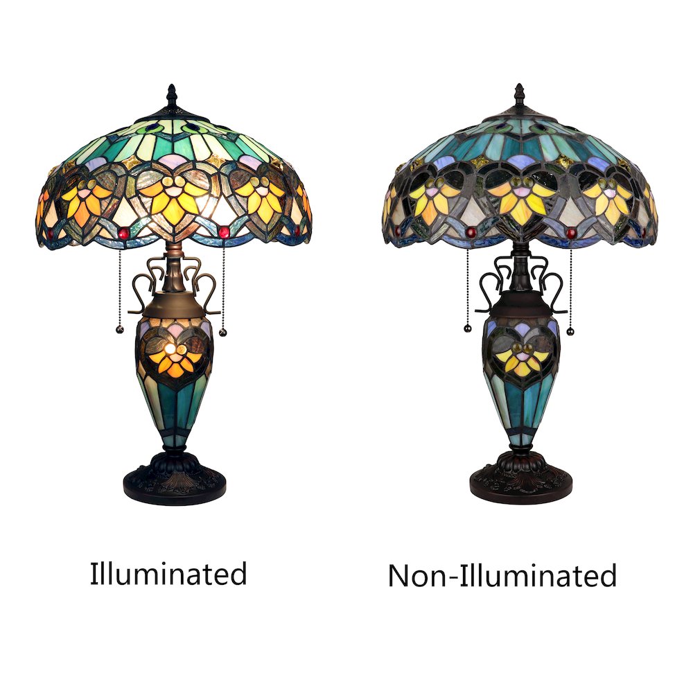 Kendall Tiffany-Style 3-Light Victorian Double Lit Table Lamp 16'' Shade - CHLOE Lighting
