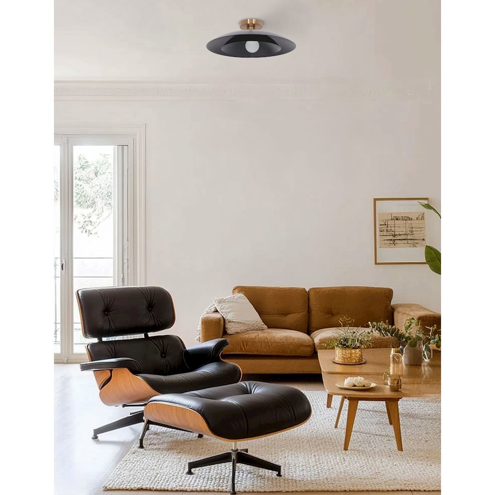 1 Light Semi-Flush Mount in Aged Brass w/ Matte Black Metal Shade - Dainolite