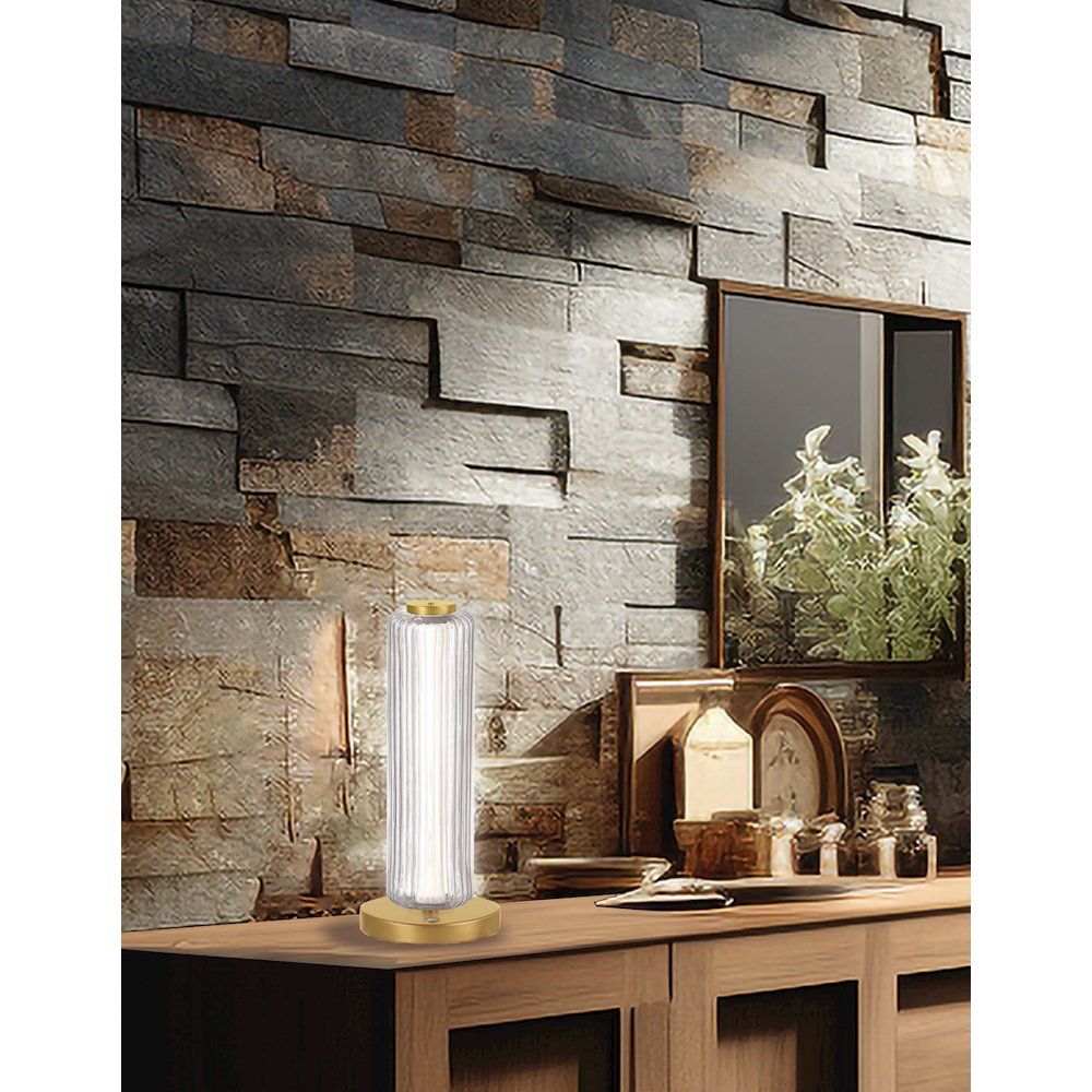 10W Aged Brass Table Lamp w/ Clear Fluted Glass - Dainolite