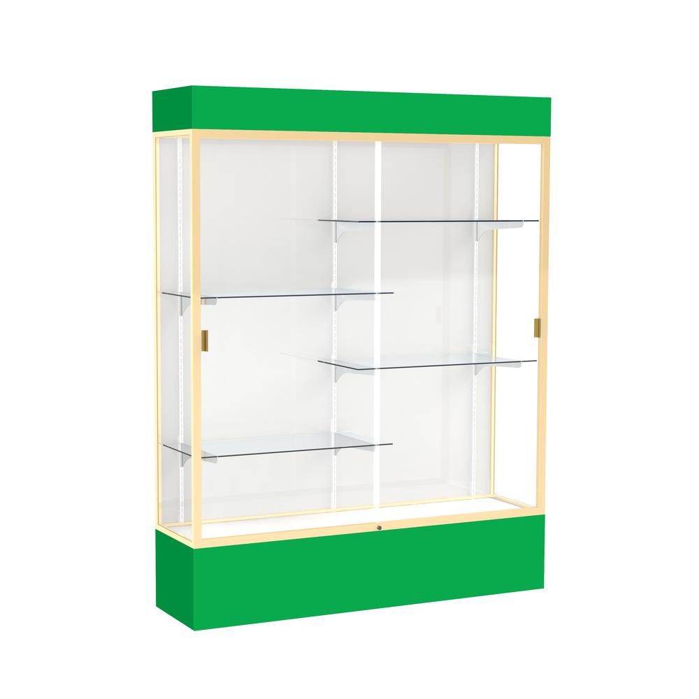 Spirit  60''W x 80''H x 16''D  Lighted Floor Case, White Back, Champagne Finish, Kelly Green Base and Top - Waddell