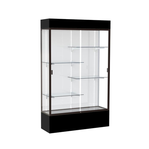 Spirit  48''W x 80''H x 16''D  Lighted Floor Case, White Back, Dk. Bronze Finish, Black Base and Top - Waddell