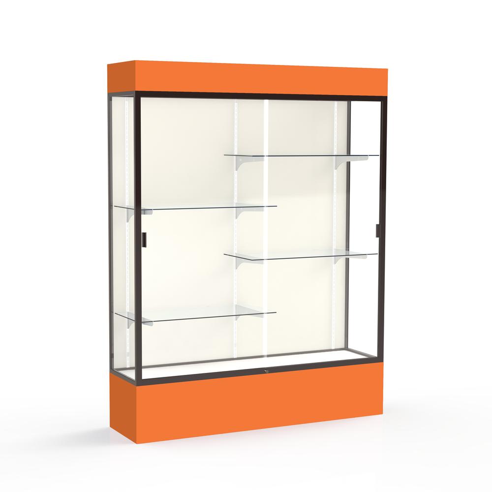 Spirit  60''W x 80''H x 16''D  Lighted Floor Case, Plaque Back, Dk. Bronze Finish, Orange Base and Top - Waddell