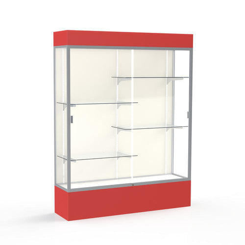 Spirit  60''W x 80''H x 16''D  Lighted Floor Case, Plaque Back, Satin Finish, Red Base and Top - Waddell