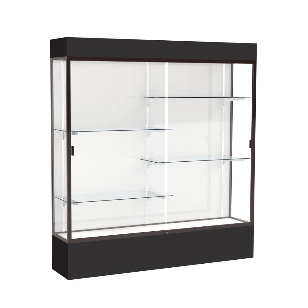 Spirit  72''W x 80''H x 16''D  Lighted Floor Case, White Back, Dk. Bronze Finish, Black Base and Top - Waddell