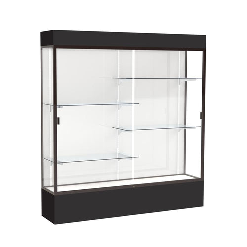 Spirit  72''W x 80''H x 16''D  Lighted Floor Case, White Back, Dk. Bronze Finish, Black Base and Top - Waddell