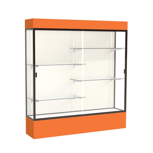 Spirit  72''W x 80''H x 16''D  Lighted Floor Case, Plaque Back, Dk. Bronze Finish, Orange Base and Top - Waddell