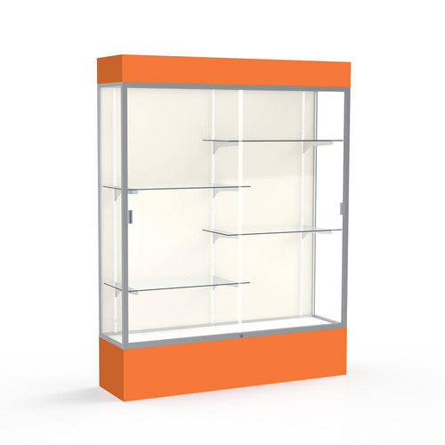 Spirit  60''W x 80''H x 16''D  Lighted Floor Case, Plaque Back, Satin Finish, Orange Base and Top - Waddell
