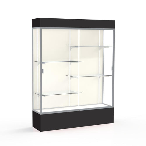 Spirit  60''W x 80''H x 16''D  Lighted Floor Case, Plaque Back, Satin Finish, Black Base and Top - Waddell