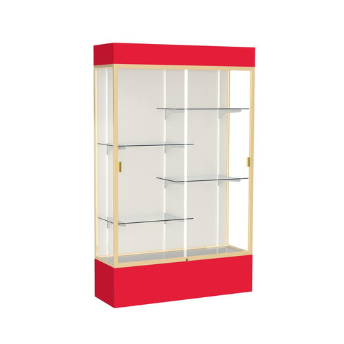 Spirit  48''W x 80''H x 16''D  Lighted Floor Case, Plaque Back, Champagne Finish, Red Base and Top - Waddell