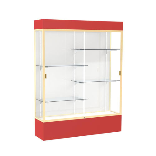 Spirit  60''W x 80''H x 16''D  Lighted Floor Case, White Back, Champagne Finish, Red Base and Top - Waddell