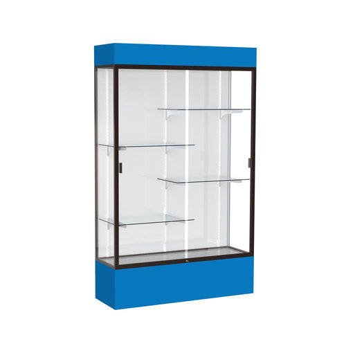 Spirit  48''W x 80''H x 16''D  Lighted Floor Case, White Back, Dk. Bronze Finish, Royal Blue Base and Top - Waddell