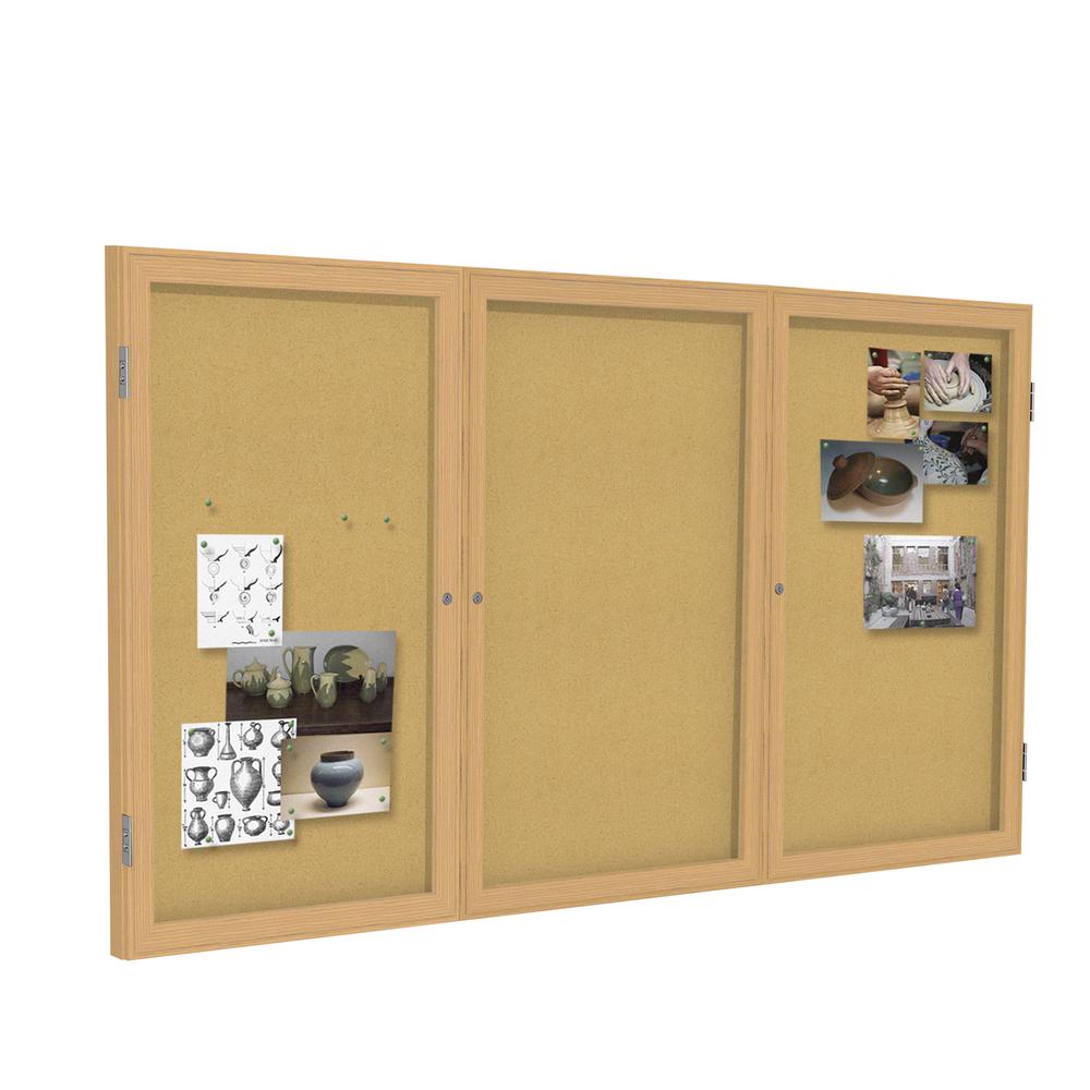 Ghent 3 Door Enclosed Natural Cork Bulletin Board with Oak Wood Frame, 4'H x 8'W