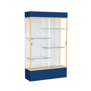 Spirit  48''W x 80''H x 16''D  Lighted Floor Case, White Back, Champagne Finish, Navy Base and Top - Waddell