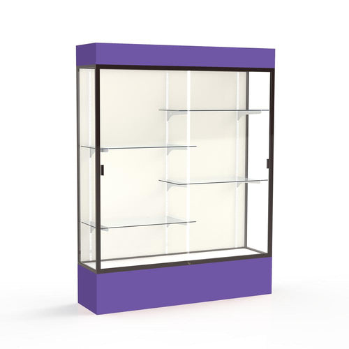 Spirit  60''W x 80''H x 16''D  Lighted Floor Case, Plaque Back, Dk. Bronze Finish, Purple Base and Top - Waddell