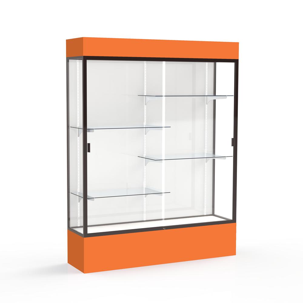 Spirit  60''W x 80''H x 16''D  Lighted Floor Case, White Back, Dk. Bronze Finish, Orange Base and Top - Waddell