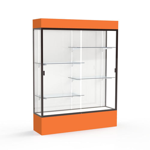 Spirit  60''W x 80''H x 16''D  Lighted Floor Case, White Back, Dk. Bronze Finish, Orange Base and Top - Waddell