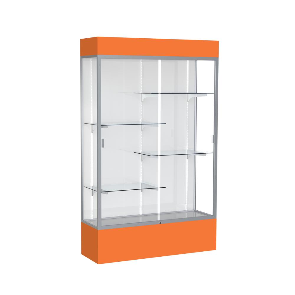 Spirit  48''W x 80''H x 16''D  Lighted Floor Case, White Back, Satin Finish, Orange Base and Top - Waddell