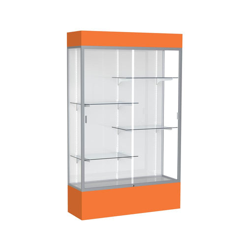 Spirit  48''W x 80''H x 16''D  Lighted Floor Case, White Back, Satin Finish, Orange Base and Top - Waddell