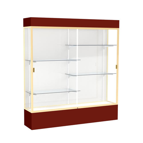 Spirit  72''W x 80''H x 16''D  Lighted Floor Case, White Back, Champagne Finish, Maroon Base and Top - Waddell