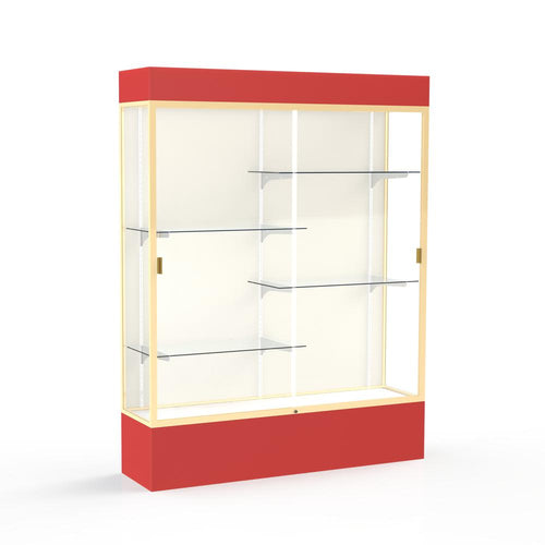 Spirit  60''W x 80''H x 16''D  Lighted Floor Case, Plaque Back, Champagne Finish, Red Base and Top - Waddell