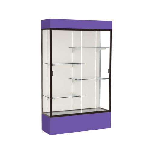 Spirit  48''W x 80''H x 16''D  Lighted Floor Case, Plaque Back, Dk. Bronze Finish, Purple Base and Top - Waddell