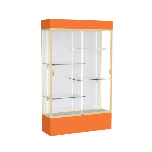 Spirit  48''W x 80''H x 16''D  Lighted Floor Case, White Back, Champagne Finish, Orange Base and Top - Waddell