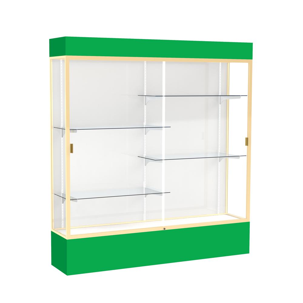 Spirit  72''W x 80''H x 16''D  Lighted Floor Case, White Back, Champagne Finish, Kelly Green Base and Top - Waddell