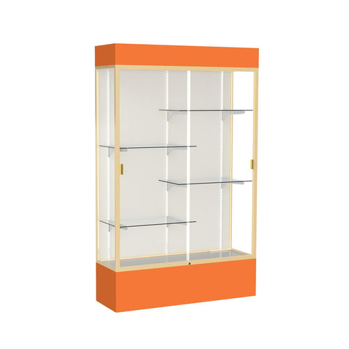 Spirit  48''W x 80''H x 16''D  Lighted Floor Case, Plaque Back, Champagne Finish, Orange Base and Top - Waddell