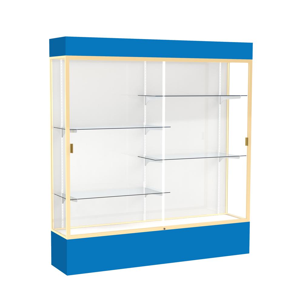 Spirit  72''W x 80''H x 16''D  Lighted Floor Case, White Back, Champagne Finish, Royal Blue Base and Top - Waddell