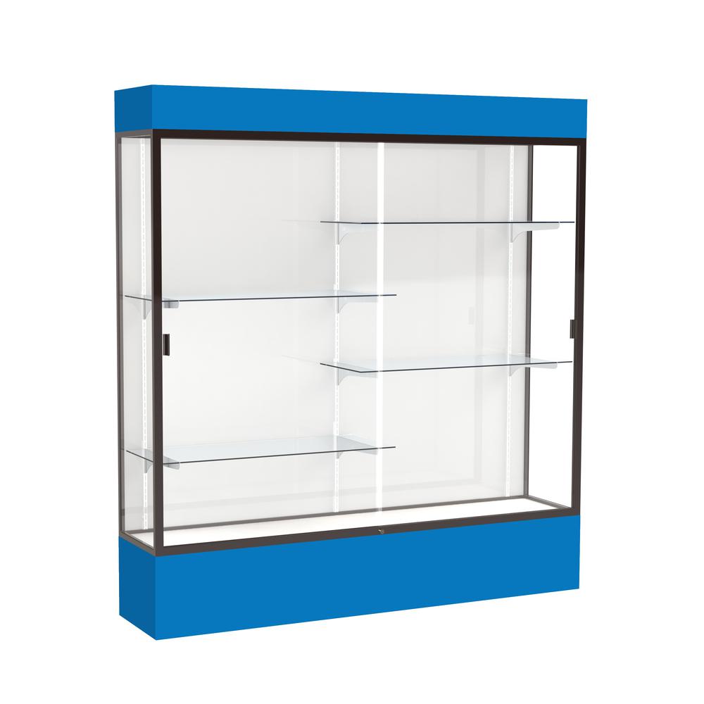Spirit  72''W x 80''H x 16''D  Lighted Floor Case, White Back, Dk. Bronze Finish, Royal Blue Base and Top - Waddell
