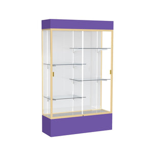 Spirit  48''W x 80''H x 16''D  Lighted Floor Case, White Back, Champagne Finish, Purple Base and Top - Waddell